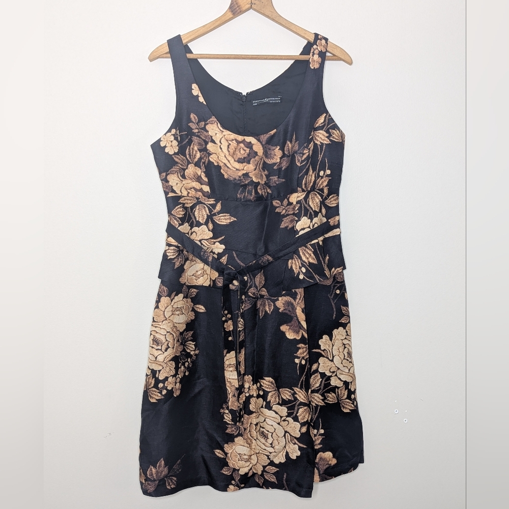 Peruvian Connection Black Tiered Dress Brass Tone Flowers Silk and Linen Size 8